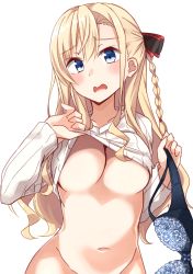 Rule 34 | 1girl, absurdres, black bow, blonde hair, blue bra, blue eyes, blush, bottomless, bow, bow bra, bra, unworn bra, braid, breasts, cleavage, clothes lift, collarbone, commentary request, groin, hair between eyes, hair bow, head tilt, high school fleet, highres, holding, holding bra, holding clothes, holding underwear, kapatarou, large breasts, lifting own clothes, long hair, looking at viewer, navel, open mouth, out-of-frame censoring, ribbed sweater, side braid, simple background, solo, sweater, underboob, underwear, very long hair, white background, white sweater, wilhelmina braunschweig ingenohl friedeburg