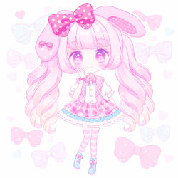Rule 34 | 1girl, blue footwear, blush, bonbonribbon, boots, bow, closed mouth, collared shirt, commentary request, dress shirt, drill hair, full body, hair bow, hand up, heart, heart print, highres, himetsuki luna, long hair, looking at viewer, pantyhose, personification, pink hair, pink skirt, pink vest, pleated skirt, polka dot, polka dot bow, print skirt, puffy short sleeves, puffy sleeves, purple eyes, red bow, sanrio, shirt, short sleeves, sidelocks, simple background, skirt, smile, solo, striped clothes, striped pantyhose, symbol-shaped pupils, twintails, unmoving pattern, very long hair, vest, white background, white shirt