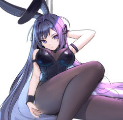 Rule 34 | 1girl, animal ears, arm strap, arm up, azur lane, bare shoulders, black leotard, blue eyes, blue hair, breasts, brown pantyhose, cleavage, fake animal ears, hair intakes, hair ornament, highres, large breasts, leotard, long hair, looking at viewer, new jersey (azur lane), new jersey (exhilarating steps!) (azur lane), official alternate costume, pantyhose, playboy bunny, rabbit ears, see-through, see-through cleavage, simple background, sitting, siun, solo, strapless, strapless leotard, thighs, very long hair, white background, wrist cuffs