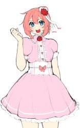 Rule 34 | 1girl, :d, blue eyes, blush, cowboy shot, doki doki literature club, dress, flower, hair flower, hair ornament, hand up, highres, looking at viewer, open mouth, orange hair, otxoa60, pink dress, puffy short sleeves, puffy sleeves, red flower, red rose, rose, sayori (doki doki literature club), short hair, short sleeves, simple background, smile, solo, standing, white background