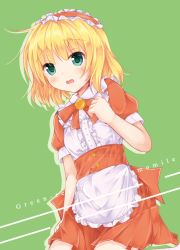 Rule 34 | 1girl, alternate costume, apron, aqua eyes, blonde hair, blush, brooch, buttons, commentary request, cowboy shot, frilled apron, frilled hairband, frilled shirt, frills, gochuumon wa usagi desu ka?, green background, hairband, hand on own chest, jewelry, kirima syaro, looking at viewer, neck ribbon, open mouth, orange hairband, orange ribbon, orange skirt, puffy short sleeves, puffy sleeves, ribbon, saiden (konekobotan), sash, shirt, short hair, short sleeves, skirt, skirt hold, solo, standing, waist apron, wavy mouth, white apron, white shirt
