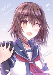 Rule 34 | 1girl, 1other, black gloves, blue sailor collar, brown hair, commentary request, elbow gloves, furutaka (kancolle), gloves, glowing, glowing eye, hair ornament, hairclip, heterochromia, kabocha torute, kantai collection, looking at viewer, neckerchief, one-hour drawing challenge, red neckerchief, sailor collar, school uniform, serafuku, short hair, single elbow glove, smile, upper body, yellow eyes