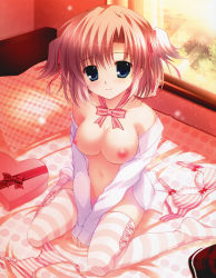 Rule 34 | 1girl, absurdres, bare shoulders, blue eyes, blush, bra, breasts, dress shirt, highres, large breasts, light smile, lingerie, mikeou, nipples, no bra, no panties, off shoulder, open clothes, open shirt, panties, pink hair, shirt, sitting, solo, striped bra, striped clothes, striped panties, striped thighhighs, thighhighs, underwear, wariza