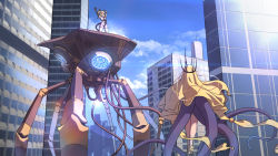 Rule 34 | 2girls, arms up, black leotard, blouse, city, commentary, crop top, crown, cthulhu, cthulhu mythos, day, fantasy, floating, hastur, head chain, high heels, highres, jewelry, leotard, looking at another, mecha, mechanical arms, mechanical tail, multiple girls, outdoors, personification, revealing clothes, rhasta, robot, scenery, shirt, single mechanical arm, standing, t-shirt, tail, tentacles, thighhighs, twintails, veil, white legwear, white shirt