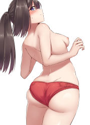 Rule 34 | 1girl, absurdres, akizuki (kancolle), ass, ass focus, back, black hair, blush, breasts, commentary request, from behind, highres, kantai collection, kiritto, long hair, looking at viewer, looking back, medium breasts, nipples, panties, ponytail, purple eyes, red panties, simple background, skindentation, smile, solo, thighs, topless, underwear, underwear only, white background
