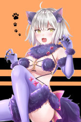Rule 34 | 1girl, ahoge, animal ears, bad id, bad pixiv id, blush, breasts, cleavage, cosplay, fate/grand order, fate (series), grey hair, highres, jeanne d&#039;arc (fate), jeanne d&#039;arc alter (avenger) (fate), jeanne d&#039;arc alter (fate), large breasts, looking at viewer, mash kyrielight, mash kyrielight (dangerous beast), mash kyrielight (dangerous beast) (cosplay), official alternate costume, open mouth, purple thighhighs, rossa (pixiv27548922), short hair, solo, tail, thighhighs, wolf ears, wolf tail, yellow eyes
