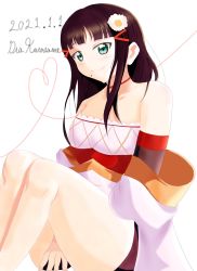 Rule 34 | 1girl, alternate hairstyle, aqua eyes, arm warmers, artist name, artist request, bare legs, bare shoulders, black hair, blunt bangs, blush, bow, bow-shaped hair, breasts, choker, cleavage, collarbone, detached sleeves, dress, female focus, flower, frilled kimono, frills, green eyes, hair flower, hair ornament, hair rings, hairclip, hairpin, high ponytail, highres, japanese clothes, kimono, knees up, kurosawa dia, long hair, looking at viewer, love live!, love live! school idol festival, love live! school idol festival all stars, love live! sunshine!!, medium breasts, mole, mole under mouth, parted lips, ponytail, priestess, priestess dance (love live!), red choker, shorts, sitting, smile, solo, tiara, white bow, white dress, white flower, wide sleeves, yellow choker