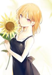 Rule 34 | 1girl, apron, bare arms, bare shoulders, black apron, black skirt, breasts, brown hair, closed mouth, commentary, eyebrows hidden by hair, flower, hair between eyes, holding, holding flower, long hair, looking at viewer, lpip, original, red eyes, signature, skirt, small breasts, smile, solo, sunflower, symbol-only commentary, tank top, white tank top, yellow flower