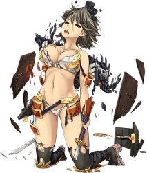 Rule 34 | 1girl, artist request, breasts, broken, broken sword, broken weapon, brown hair, cleavage, dual wielding, full body, holding, holding sword, holding weapon, katana, kneeling, large breasts, looking up, midriff, navel, official art, oshiro project:re, oshiro project:re, saga (oshiro project), short hair, solo, sword, torn clothes, transparent background, weapon