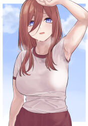 Rule 34 | 1girl, absurdres, arm up, armpits, blue eyes, blue sky, border, breasts, brown hair, commentary, go-toubun no hanayome, gym shirt, hair between eyes, heavy breathing, highres, hot, large breasts, long hair, long hair between eyes, looking afar, marimo 625, nakano miku, open mouth, outdoors, outside border, red trim, shading eyes, shirt, short sleeves, sky, solo, sweat, symbol-only commentary, white border