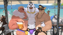 Rule 34 | 3boys, abs, alcohol, bara, bear boy, beard, beer, beer mug, bernard (gyee), black male swimwear, black swim briefs, blonde hair, blue male swimwear, blue swim briefs, bottle, bulge, bulletproof vest, chain, chain necklace, closed eyes, cup, dog, eyepatch, facial hair, fang, fingerless gloves, furry, furry male, gloves, gyee, highres, hug, jewelry, large pectorals, leather, looking at another, male focus, male swimwear, manly, markus (gyee), mug, multicolored clothes, multicolored male swimwear, multicolored swim briefs, multicolored swimsuit, multiple boys, muscular, muscular male, navel, necklace, nipples, no pants, ocean, open mouth, outdoors, paw print, paw print pattern, pectorals, print male swimwear, print swim briefs, print swimsuit, purple male swimwear, purple swim briefs, santos (gyee), scar, scar on arm, scar on chest, short hair, smile, spiked hair, sunglasses, swim briefs, swimsuit, tan, tanline, teeth, thick arms, thick eyebrows, tiger boy, tongue, tooboshoo, topless male, water, yellow eyes, yellow male swimwear, yellow swim briefs