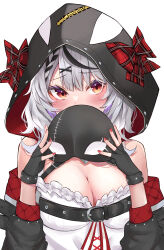 Rule 34 | 1girl, absurdres, animal hood, black gloves, black hair, bow, breasts, cleavage, commentary, fingerless gloves, gloves, grey hair, hair bow, highres, holding, holding mask, hololive, holox, hood, looking at viewer, mask, medium breasts, medium hair, multicolored hair, orca hood, red bow, red eyes, red nails, sakamata chloe, sakamata chloe (1st costume), simple background, solo, streaked hair, two-tone hair, upper body, virtual youtuber, white background, yuzi (32745637280)