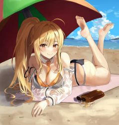 Rule 34 | 1girl, ahoge, ass, bare arms, bare legs, bare shoulders, barefoot, beach, beach mat, beach umbrella, between breasts, bikini, black bikini, blonde hair, breasts, cleavage, closed mouth, day, detached collar, fakey, feet, large breasts, legs up, long hair, long sleeves, looking at viewer, lotion bottle, lying, multi-strapped bikini, necktie, ocean, off shoulder, on stomach, original, outdoors, ponytail, see-through, see-through sleeves, sidelocks, smile, solo, strap slip, string bikini, swimsuit, the pose, thighs, umbrella, very long hair, wrist cuffs, yellow eyes