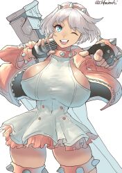 Rule 34 | 1girl, blue eyes, breasts, chikoinochi, collar, elphelt valentine, female focus, fingerless gloves, gloves, guilty gear, guilty gear strive, highres, huge breasts, looking at viewer, microphone, one eye closed, pointing, pointing at viewer, short hair, sideboob, skindentation, solo, spiked collar, spikes, thick thighs, thighhighs, thighs, white hair, wink
