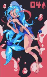 Rule 34 | 1girl, absurdres, aqua hair, bangle, barefoot, bikini, blue bikini, blue hair, blue nails, blush, bracelet, breasts, closed eyes, commentary, creatures (company), edge 0605, full body, game freak, hat, hatsune miku, highres, jewelry, liquid hair, long hair, nail polish, nintendo, open mouth, poke ball, pokemon, project voltage, simple background, small breasts, solo, swimsuit, symbol-only commentary, very long hair, vocaloid, water miku (project voltage), white hat