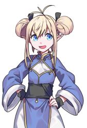 Rule 34 | 1girl, ahoge, blonde hair, blue eyes, chinese clothes, cleavage cutout, clothing cutout, double bun, elf, flat chest, hair bun, hands on own hips, kuze (ira), long sleeves, medium hair, open mouth, original, pointy ears, simple background, solo, white background, wrist wrap