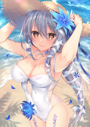 Rule 34 | 1girl, armpits, beach, blue flower, blush, body markings, breasts, brown eyes, clair lasbard, cleavage, collarbone, covered navel, day, flower, hair between eyes, hair flower, hair ornament, hair ribbon, hat, highres, large breasts, long hair, looking at viewer, one-piece swimsuit, outdoors, ribbon, sidelocks, silver hair, smile, solo, sorai shin&#039;ya, star ocean, star ocean anamnesis, straw hat, swimsuit, tress ribbon, white one-piece swimsuit