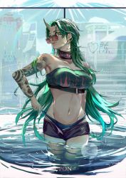 Rule 34 | 1girl, absurdres, arknights, arm tattoo, bandeau, bare shoulders, black choker, black shorts, breasts, chinese commentary, choker, cleavage, collarbone, commentary request, cowboy shot, green hair, highres, horns, hoshiguma (arknights), long hair, looking at viewer, looking over eyewear, looking over glasses, medium breasts, midriff, navel, parted lips, red-tinted eyewear, red-tinted glasses, short shorts, shorts, single horn, solo, standing, stomach, strapless, sunglasses, tattoo, tinted eyewear, tube top, upon, very long hair, wading, water