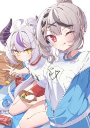 Rule 34 | 2girls, ;q, ahoge, black hair, blue jacket, blush, braid, can, coca-cola, demon horns, drink can, eating, food, fork, grey hair, hair ornament, highres, holding, holding fork, hololive, horns, jacket, la+ darknesss, long hair, looking at viewer, multicolored hair, multiple girls, name tag, one eye closed, open clothes, open jacket, partially unzipped, picnic basket, ponytail, purple hair, quarterlift, red eyes, sakamata chloe, selfie, shirt, simple background, sitting, soda can, streaked hair, tongue, tongue out, very long hair, virtual youtuber, wariza, white background, white shirt, x hair ornament, yellow eyes