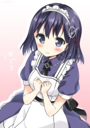 Rule 34 | 10s, 1girl, alternate costume, apron, black eyes, black hair, blush, character name, clenched hands, enmaided, haguro (kancolle), hair ornament, hands on own chest, kantai collection, looking at viewer, maid, maid apron, maid headdress, masuishi kinoto, puffy short sleeves, puffy sleeves, shima (shima je), short hair, short sleeves, smile, solo