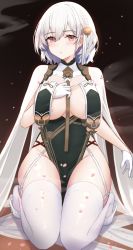 Rule 34 | 1girl, areola slip, azur lane, black dress, braid, breast curtains, breasts, china dress, chinese clothes, dress, flower, gloves, groin, hair between eyes, hair flower, hair ornament, hand up, highres, kneeling, kuwahara taiki, large breasts, looking at viewer, no bra, official alternate costume, parted lips, pelvic curtain, red eyes, shiny skin, short hair, single braid, sirius (azur lane), sirius (azure horizons) (azur lane), solo, thighhighs, thighs, white footwear, white gloves, white hair, white thighhighs