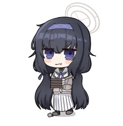 Rule 34 | black hair, book, cardigan, chibi, full body, halo, highres, long skirt, looking at viewer, purple eyes, simple background, skirt, slippers, standing, ui (blue archive), white background