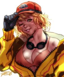 Rule 34 | 1girl, ;), bad id, bad twitter id, baseball cap, bikini, bikini top only, black gloves, blonde hair, breasts, cidney aurum, cropped jacket, dirty, dirty face, final fantasy, final fantasy xv, gloves, goggles, goggles around neck, green eyes, hat, hat tip, highres, jacket, large breasts, lips, looking at viewer, off shoulder, one eye closed, robaato, short hair, smile, solo, square enix, swimsuit, unzipped, upper body