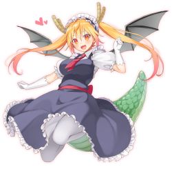 Rule 34 | 1girl, :d, blush, breasts, commentary request, dragon girl, dragon horns, dragon tail, dragon wings, dress, frilled dress, frills, gloves, heart, highres, horns, kobayashi-san chi no maidragon, large breasts, large tail, maid, maid headdress, open mouth, orange hair, pantyhose, puffy short sleeves, puffy sleeves, red eyes, short sleeves, slit pupils, smile, solo, tail, tohru (maidragon), tokki, twintails, white background, white gloves, white pantyhose, wings