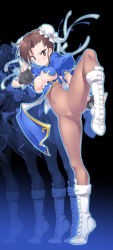 Rule 34 | 1girl, afterimage, asymmetrical bangs, black gloves, blue dress, boots, bracelet, breasts, brown eyes, brown hair, bun cover, cameltoe, capcom, china dress, chinese clothes, chun-li, cleavage cutout, cleft of venus, closed mouth, clothing cutout, covered navel, cross-laced footwear, double bun, dress, fighting stance, full body, gloves, hair bun, highres, jewelry, kuzuryuu kennosuke, large breasts, leg up, looking at viewer, matching hair/eyes, no panties, pantyhose, pelvic curtain, puffy short sleeves, puffy sleeves, pussy, see-through, short hair, short sleeves, solo, spiked bracelet, spikes, standing, standing on one leg, street fighter, uncensored, white footwear