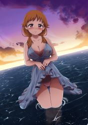 Rule 34 | 1girl, :o, blush, breasts, cleavage, clothes lift, collarbone, covered erect nipples, dress, dress lift, dutch angle, highres, horizon, idolmaster, idolmaster cinderella girls, katagiri sanae, large breasts, lifting own clothes, looking at viewer, luu (fppm8257), orange hair, outdoors, panties, pantyshot, plunging neckline, reflection, reflective water, refraction, sleeveless, sleeveless dress, solo, sunset, thigh gap, twilight, twintails, underwear, wading