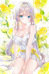 Rule 34 | 1girl, absurdres, arm at side, bare arms, bare shoulders, between legs, blue eyes, blush, bow, breasts, cleavage, dress, eumi 114, food, fruit, hand between legs, highres, lemon, lemon slice, long hair, looking at viewer, low twintails, medium breasts, original, parted lips, silver hair, sitting, sleeveless, sleeveless dress, solo, thighs, twintails, very long hair, water, white dress, yellow bow