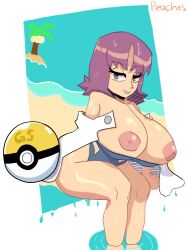 Rule 34 | 1girl, alternate breast size, artist name, artist request, beach, breasts, breasts out, covered navel, creatures (company), curvy, game freak, gs ball, highleg, highleg swimsuit, inverted nipples, lab coat, large breasts, looking at viewer, nintendo, nipples, one-piece swimsuit, palm tree, philena ivy, poke ball, poke ball (basic), pokemon, pokemon (anime), pokemon (classic anime), purple hair, shiny skin, simple background, sitting, smile, solo, swimsuit, tree, water, wet, wide hips