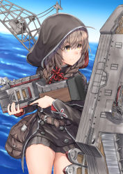 Rule 34 | 1girl, bag, belt, black capelet, black dress, blue sky, braid, brown belt, brown eyes, brown hair, capelet, cloud, commentary request, cowboy shot, crane (machine), day, dress, gun, hair ribbon, highres, hood, hooded capelet, horizon, kantai collection, long sleeves, looking to the side, machinery, ocean, outdoors, pleated dress, ribbon, rigging, shinshuu maru (kancolle), short dress, simple background, sky, solo, twin braids, weapon, zombie mogura