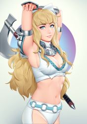 Rule 34 | 1girl, armor, armpits, arms behind head, arms up, axe, blonde hair, blue background, blunt bangs, bow, breasts, charlotte (fire emblem), cleavage, commentary, cowboy shot, english commentary, fire emblem, fire emblem fates, from side, gradient background, grey background, groin, hair bow, highres, large breasts, long hair, navel, nintendo, parted lips, shoulder plates, skindentation, smile, solo, stomach, teeth, tsuaii, weapon, white bow