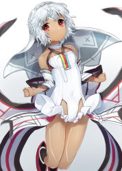 Rule 34 | 1girl, altera (fate), bad id, bad pixiv id, breasts, collarbone, dabuki, dark-skinned female, dark skin, detached sleeves, fate/grand order, fate (series), full body, highres, jumping, leotard, looking at viewer, red eyes, short hair, silver hair, simple background, small breasts, solo, veil, white background, white leotard