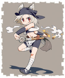 Rule 34 | 1girl, :p, animal ear fluff, animal ears, arm behind back, arm warmers, bandaged leg, bandages, bandana, bare shoulders, belt, bike shorts, blush, border, brown background, commentary, dog ears, dog girl, dog tail, english commentary, flat chest, flats, fundoshi, grey background, grey footwear, grey hair, holding, japanese clothes, looking to the side, midriff, multicolored background, navel, om (nk2007), original, raised eyebrow, red eyes, ribs, short hair, smoke, solo, sparks, standing, standing on one leg, swinging, tail, tight clothes, tongue, tongue out, two-tone background, utility belt, weapon request, white border, white neckwear, x