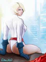 Rule 34 | 1girl, alien, ass, blonde hair, blue eyes, blue gloves, breasts, building, cape, city, dc comics, gloves, leotard, looking at viewer, power girl, serious, short hair, sitting, solo, sunlight, thighs, thong, white leotard