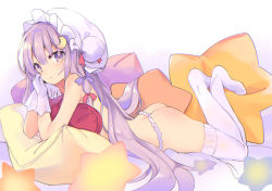 Rule 34 | 1girl, ass, bow, crescent, crescent hair ornament, cushion, from side, gloves, hair bow, hair ornament, hat, kedama milk, long hair, looking at viewer, lying, mob cap, on stomach, panties, parted lips, patchouli knowledge, purple eyes, purple hair, solo, thighhighs, thong, touhou, underwear, underwear only, very long hair, white gloves, white thighhighs