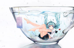 Rule 34 | 1girl, :o, ahoge, aqua hair, barefoot, blue eyes, bubble, cup, fish, floating hair, full body, glass, hatsune miku, highres, hugging own legs, in container, in cup, l.bou, legs, legs up, long hair, md5 mismatch, mini person, minigirl, plant, price tag, resolution mismatch, school uniform, seaweed, serafuku, simple background, skirt, solo, source smaller, transparent, twintails, underwater, vocaloid, water, white background
