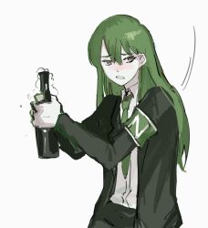Rule 34 | 1boy, armband, beer bottle, black jacket, black pants, blush, bottle, choroi amachori, collared shirt, green armband, green hair, green necktie, highres, holding, holding bottle, jacket, lobotomy corporation, long hair, looking to the side, necktie, netzach (project moon), pants, parted lips, project moon, shirt, solo, white shirt