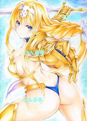 Rule 34 | 1girl, alice zuberg, armor, ass, bikini armor, blonde hair, blue eyes, blush, braid, braided ponytail, breasts, cleavage, closed mouth, dot nose, female focus, foreshortening, gold armor, hair intakes, hairband, holding, holding sword, holding weapon, long hair, looking at viewer, medium breasts, pauldrons, shoulder armor, sidelocks, simple background, solo, sword, sword art online, thighs, thong, weapon, yqgkg