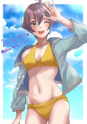 Rule 34 | 1girl, absurdres, alternate costume, bikini, blue jacket, blue sky, breasts, brown eyes, cloud, commentary request, cowboy shot, dated, grey hair, highres, jacket, kantai collection, looking at viewer, one eye closed, open clothes, open jacket, sakawa (kancolle), shiomugi (shio mugi1107), short hair, sky, small breasts, smile, solo, swimsuit, twitter username, waving, yellow bikini