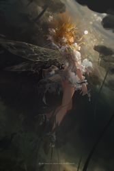 Rule 34 | 1girl, 2017, antennae, artist name, black footwear, blonde hair, breasts, closed eyes, closed mouth, commentary, dress, dutch angle, english text, fairy, fairy wings, flower, from side, full body, hair flower, hair ornament, high heels, highres, insect wings, key, light particles, lock, long hair, miv4t, original, padlock, plant, profile, shoes, small breasts, solo, tail, torn wings, underwater, watermark, white dress, wings, wrist cuffs