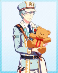 Rule 34 | 1boy, belt, bow, bowtie, collared shirt, fingernails, glasses, grey eyes, grey hair, hair between eyes, hat, hazama michio, holding, holding stuffed toy, idolmaster, idolmaster side-m, idolmaster side-m growing stars, long sleeves, male focus, necktie, official art, red bow, red bowtie, shirt, simple background, smile, solo, stuffed animal, stuffed toy, teddy bear
