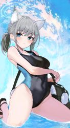 Rule 34 | 1girl, absurdres, animal ears, bare shoulders, black bag, black footwear, black one-piece swimsuit, blue archive, blue background, blue eyes, blurry, blush, breasts, cat ears, collarbone, competition swimsuit, covered navel, depth of field, expressionless, grey hair, hair ornament, hairpin, halo, highleg, highleg swimsuit, highres, holding, kneeling, looking at viewer, medium breasts, one-piece swimsuit, ponytail, ran (bearsoymilk), shiroko (blue archive), shiroko (swimsuit) (blue archive), short hair, solo, swimsuit, water, waves