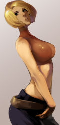 Rule 34 | 1girl, bare shoulders, belt, blonde hair, blue mary, breasts, brown eyes, fatal fury, halterneck, large breasts, long image, navel, pants, short hair, simple background, snk, solo, steward b, strapless, tall image, the king of fighters, tube top