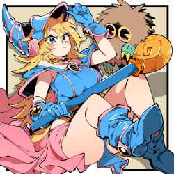 Rule 34 | 1girl, adjusting clothes, adjusting headwear, bare shoulders, blonde hair, blue footwear, blue gloves, blue hat, blush, blush stickers, boots, breasts, closed mouth, dark magician girl, duel monster, gloves, green eyes, hat, holding, holding staff, kafun, kuriboh, large breasts, long hair, messy hair, pentagram, solo, staff, wizard hat, yu-gi-oh!