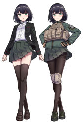 Rule 34 | 1girl, :o, black hair, black jacket, black pantyhose, blazer, blush, breasts, brown footwear, brown gloves, closed mouth, collared shirt, crossed legs, dress shirt, escape from tarkov, gloves, green eyes, green jacket, green skirt, hands on own hips, highres, jacket, loafers, multiple views, open clothes, open jacket, original, pantyhose, parted lips, pleated skirt, school uniform, shirt, shoes, short hair, simple background, skirt, small breasts, smile, standing, thighband pantyhose, thighhighs, white background, white shirt, yakob labo