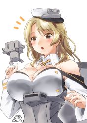 Rule 34 | 1girl, blush, breasts, brown eyes, cleavage, corset, cowboy shot, detached collar, detached sleeves, hat, houston (kancolle), kantai collection, large breasts, light brown hair, long hair, machinery, military, military uniform, naval uniform, open mouth, owa (ishtail), peaked cap, simple background, smokestack, surprised, uniform, upper body, white background, white headwear