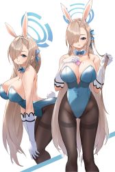 Rule 34 | 1girl, animal ears, arched back, arm support, asuna (blue archive), asuna (bunny) (blue archive), asymmetrical bangs, backless outfit, bare shoulders, bent over, blue archive, blue eyes, blue leotard, blush, bow, bowtie, breasts, cleavage, condom, covered navel, detached collar, elbow gloves, eyebrows hidden by hair, fake animal ears, feet out of frame, gloves, gluteal fold, grin, hair between eyes, hair over one eye, hair ribbon, halo, hands on own knees, highleg, highleg leotard, highres, holding, holding own hair, huge breasts, leotard, light brown hair, long hair, looking at viewer, majo (pastamajo), mole, mole on breast, multiple views, pantyhose, playboy bunny, projected inset, rabbit ears, rabbit tail, ribbon, simple background, smile, tail, thighband pantyhose, traditional bowtie, very long hair, white background, white gloves